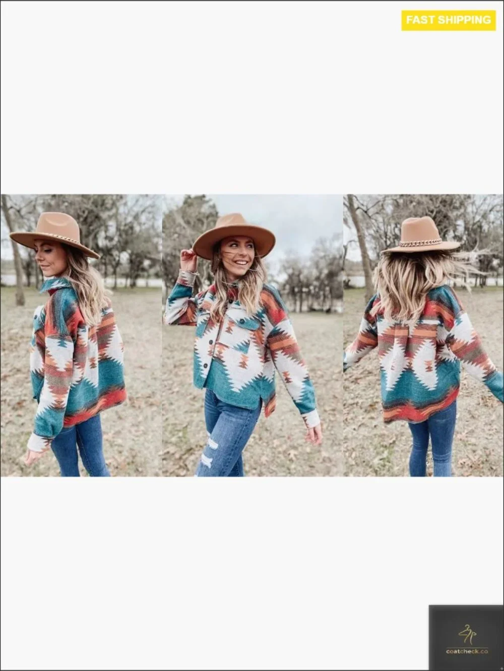 Vintage Aztec Print Shacket Button Down Long Sleeve Woolen Jacket Coat Oversized